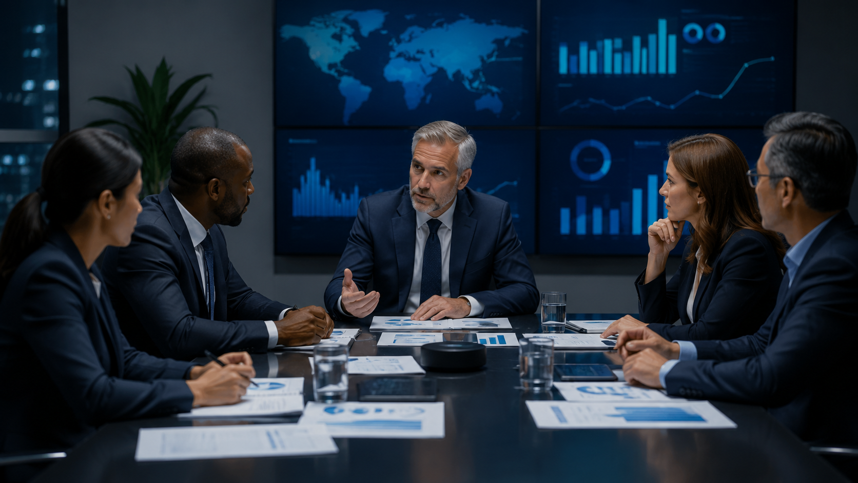 Sala executiva com consultores analisando dados de mercado global